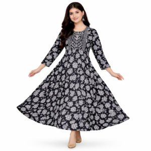 Women’s Black & White Floral Printed Anarkali Kurti