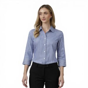 Women’s Blue & White Striped Formal Shirt – Slim Fit Office Wear