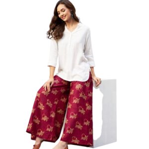 Wine Red Printed Silk Blend Plazo Pants for Women