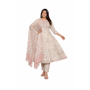 Women’s Beige Floral Printed Anarkali Kurti Pant Set with Dupatta