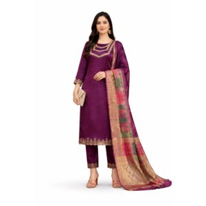 Women Elegant Wine Purple Silk Kurta Set with Designer Dupatta