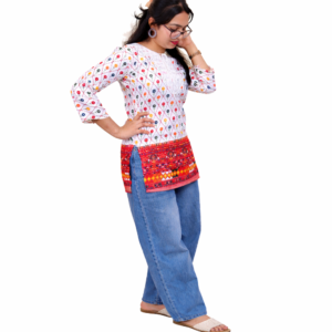 Floral Printed Cotton Kurti with Embroidered Yoke & Ethnic Border