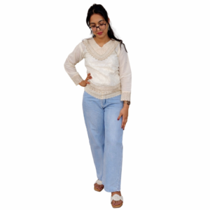 Chikankari Style Embroidered Cotton Top – Off White Elegance