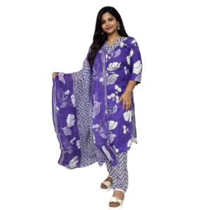 Elegant Purple Printed Kurti Pant Set with Dupatta