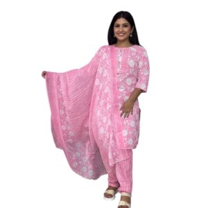 Elegant Pink Pure Cotton Printed 3-Piece Suit Set with Dupatta