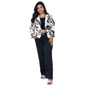 Women’s Printed Blazer with Crop Top & Straight Pants Co-Ord Set (3-Piece Outfit)